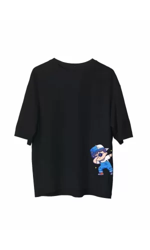 Luz&Pos Unisex Bisiklet Yaka Baskılı Oversize T-shirt - Siyah