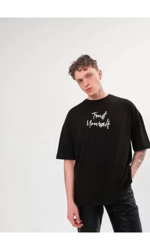 Unisex Bisiklet Yaka Baskılı Oversize T-Shirt - Siyah
