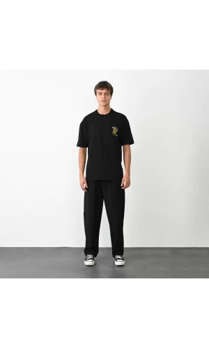 Luz&Pos Unisex Bisiklet Yaka Baskılı Oversize T-shirt - Siyah