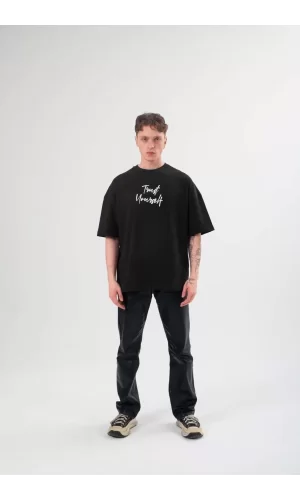 Luz&Pos Unisex Bisiklet Yaka Baskılı Oversize T-shirt - Siyah