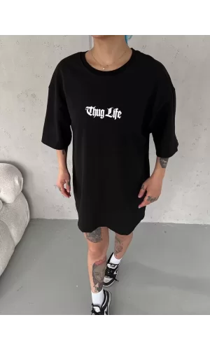 Luz&Pos Unisex Bisiklet Yaka Baskılı Oversize T-shirt - Siyah