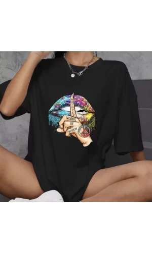Luz&Pos Unisex Bisiklet Yaka Baskılı Oversize T-shirt - Siyah