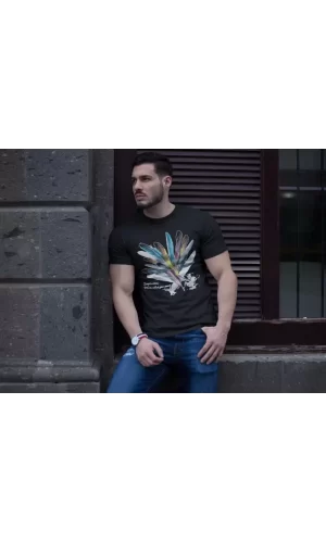 Unisex Bisiklet Yaka Baskılı Oversize T-Shirt - Siyah