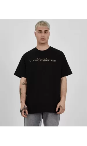 Unisex Bisiklet Yaka Baskılı Oversize T-Shirt - Siyah