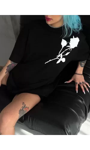 Unisex Bisiklet Yaka Baskılı Oversize T-Shirt - Siyah