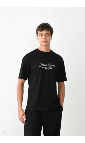 Luz&Pos Unisex Bisiklet Yaka Baskılı Oversize T-shirt - Siyah
