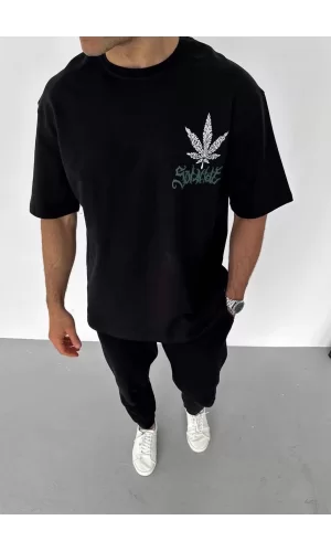 Luz&Pos Unisex Bisiklet Yaka Baskılı Oversize T-shirt - Siyah