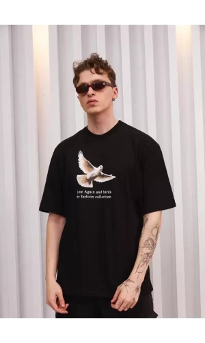 Luz&Pos Unisex Bisiklet Yaka Baskılı Oversize T-shirt - Siyah