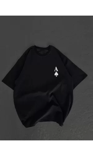Unisex Bisiklet Yaka Baskılı Oversize T-Shirt - Siyah