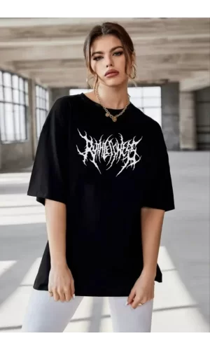 Unisex Bisiklet Yaka Baskılı Oversize T-Shirt - Siyah