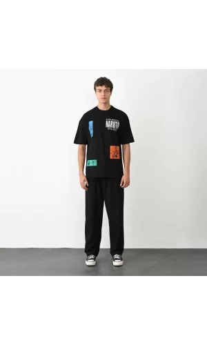 Luz&Pos Unisex Bisiklet Yaka Baskılı Oversize T-shirt - Siyah