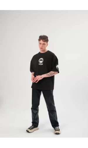 Unisex Bisiklet Yaka Baskılı Oversize T-Shirt - Siyah