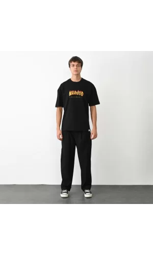 Luz&Pos Unisex Bisiklet Yaka Baskılı Oversize T-shirt - Siyah