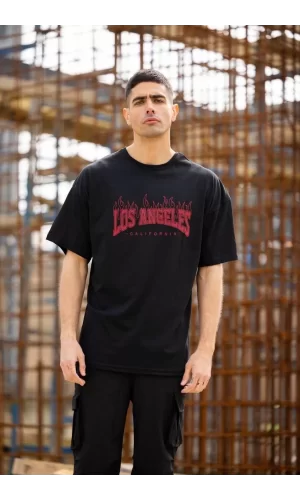 Luz&Pos Unisex Bisiklet Yaka Baskılı Oversize T-shirt - Siyah