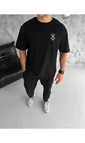 Unisex Bisiklet Yaka Baskılı Oversize T-Shirt - Siyah