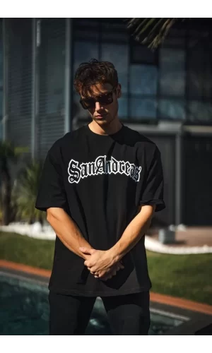 Luz&Pos Unisex Bisiklet Yaka Baskılı Oversize T-shirt - Siyah