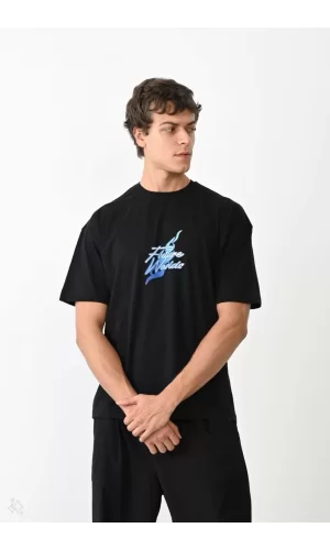 Luz&Pos Unisex Bisiklet Yaka Baskılı Oversize T-shirt - Siyah