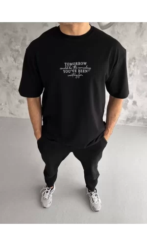 Unisex Bisiklet Yaka Baskılı Oversize T-Shirt - Siyah