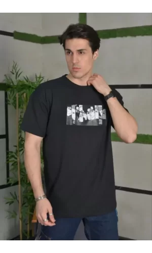 Unisex Bisiklet Yaka Baskılı Oversize T-Shirt - Siyah