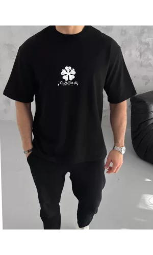 Unisex Bisiklet Yaka Baskılı Oversize T-Shirt - Siyah