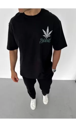 Unisex Bisiklet Yaka Baskılı Oversize T-Shirt - Siyah