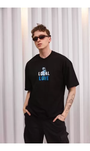 Luz&Pos Unisex Bisiklet Yaka Baskılı Oversize T-shirt - Siyah