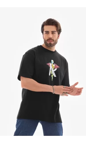 Unisex Bisiklet Yaka Baskılı Oversize T-Shirt - Siyah