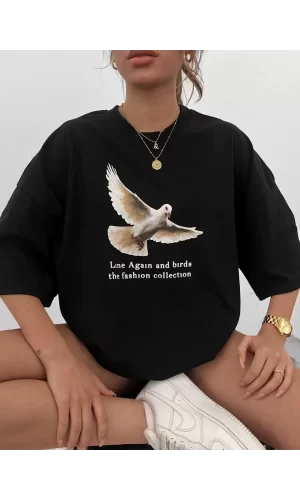Luz&Pos Unisex Bisiklet Yaka Baskılı Oversize T-shirt - Siyah