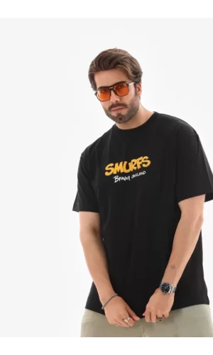 Unisex Bisiklet Yaka Baskılı Oversize T-Shirt - Siyah