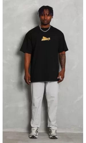 Unisex Bisiklet Yaka Baskılı Oversize T-Shirt - Siyah