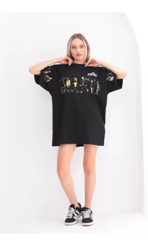 Luz&Pos Unisex Bisiklet Yaka Baskılı Oversize T-shirt - Siyah