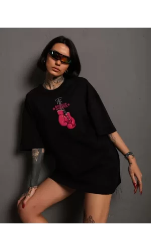 Unisex Bisiklet Yaka Baskılı Oversize T-Shirt - Siyah
