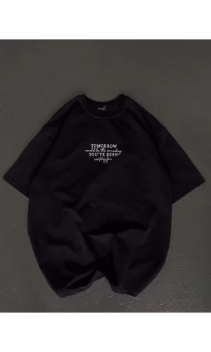 Luz&Pos Unisex Bisiklet Yaka Baskılı Oversize T-shirt - Siyah