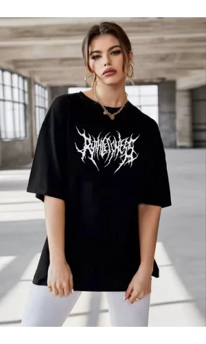 Luz&Pos Unisex Bisiklet Yaka Baskılı Oversize T-shirt - Siyah