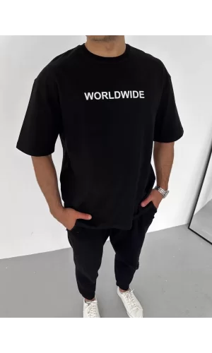 Luz&Pos Unisex Bisiklet Yaka Baskılı Oversize T-shirt - Siyah