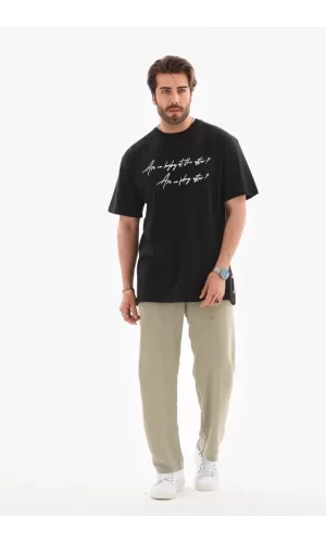 Luz&Pos Unisex Bisiklet Yaka Baskılı Oversize T-shirt - Siyah