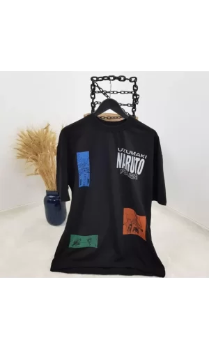Unisex Bisiklet Yaka Baskılı Oversize T-Shirt - Siyah