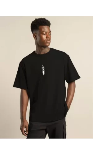 Luz&Pos Unisex Bisiklet Yaka Baskılı Oversize T-shirt - Siyah