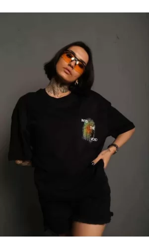 Unisex Bisiklet Yaka Baskılı Oversize T-Shirt - Siyah