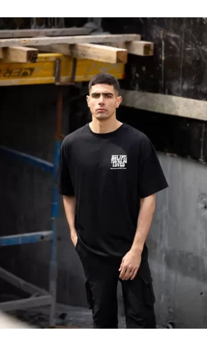 Unisex Bisiklet Yaka Baskılı Oversize T-Shirt - Siyah