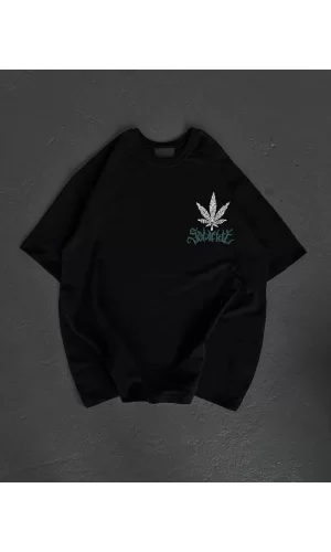 Luz&Pos Unisex Bisiklet Yaka Baskılı Oversize T-shirt - Siyah