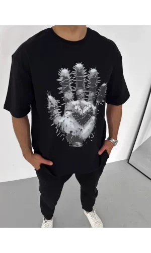 Luz&Pos Unisex Bisiklet Yaka Baskılı Oversize T-shirt - Siyah