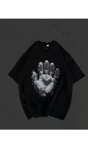 Unisex Bisiklet Yaka Baskılı Oversize T-Shirt - Siyah