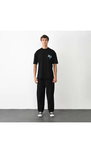 Luz&Pos Unisex Bisiklet Yaka Baskılı Oversize T-shirt - Siyah