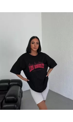 Luz&Pos Unisex Bisiklet Yaka Baskılı Oversize T-shirt - Siyah