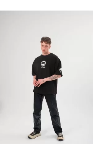 Luz&Pos Unisex Bisiklet Yaka Baskılı Oversize T-shirt - Siyah