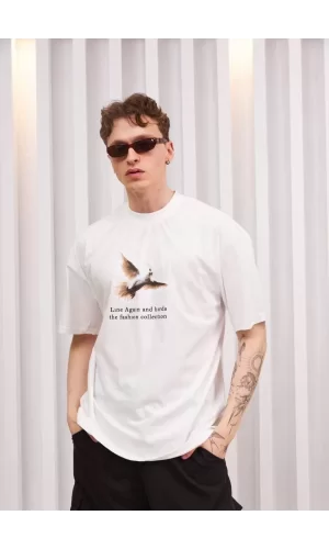 Luz&Pos Unisex Bisiklet Yaka Baskılı Oversize T-shirt - Siyah