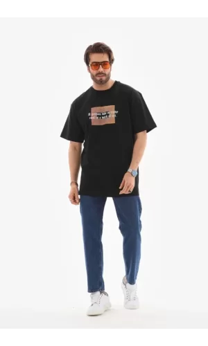 Unisex Bisiklet Yaka Baskılı Oversize T-Shirt - Siyah