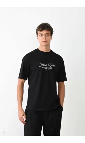Unisex Bisiklet Yaka Baskılı Oversize T-Shirt - Siyah
