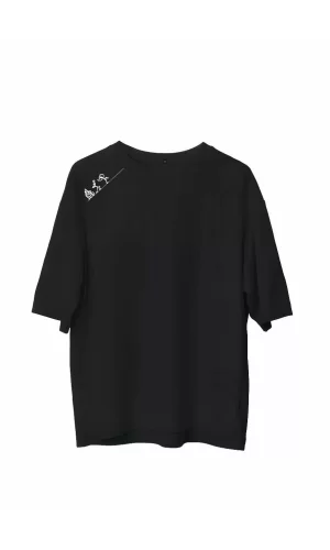 Luz&Pos Unisex Bisiklet Yaka Baskılı Oversize T-shirt - Siyah